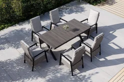 Hot Garten-Essgruppe, anthrazit/natur-grau, Alu/Keramik/Polyrattan, ausziehbare Tischplatte 200/260 x 100 cm, 6 Diningsessel Garten-Essgruppen