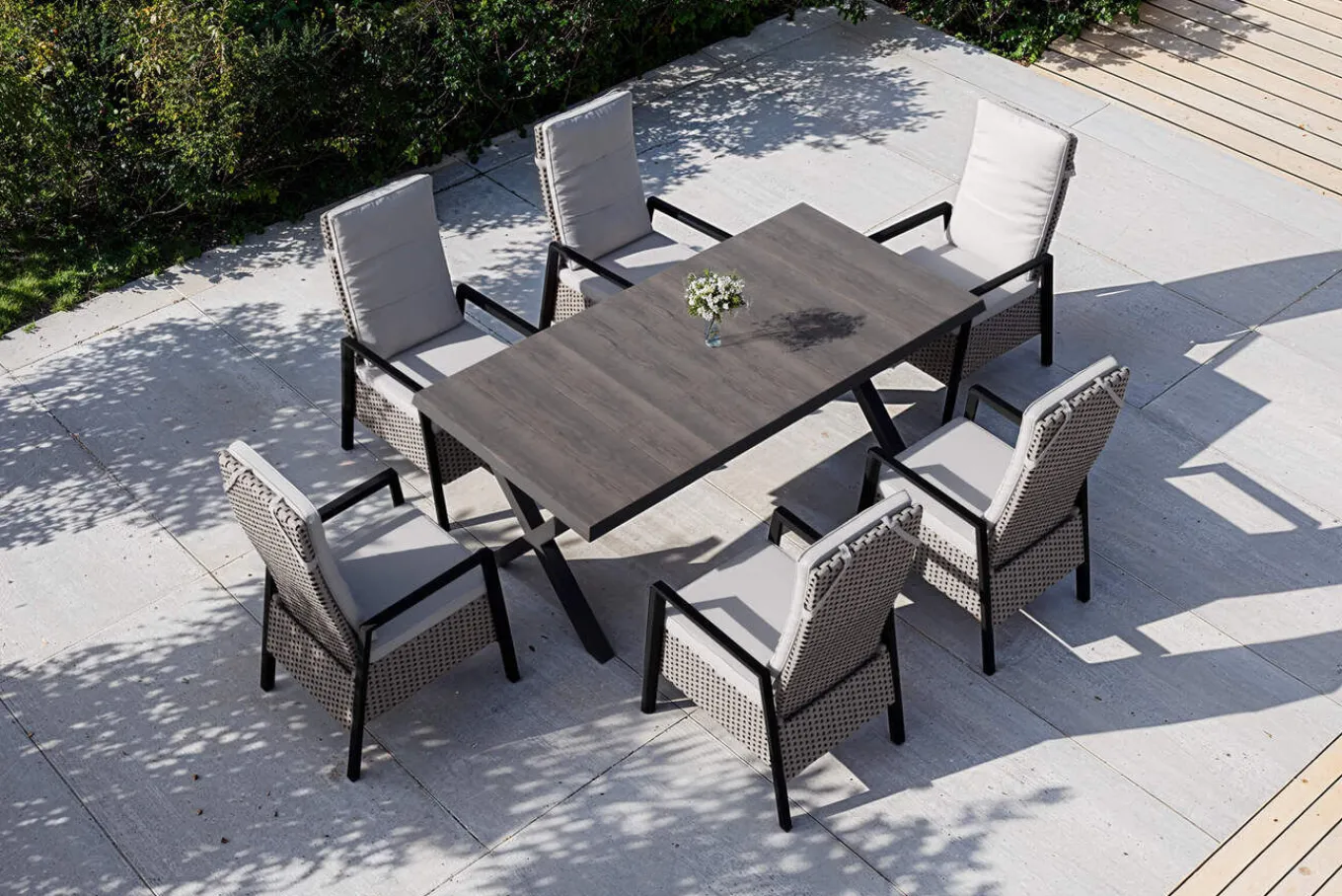 Hot Garten-Essgruppe, anthrazit/natur-grau, Alu/Keramik/Polyrattan, ausziehbare Tischplatte 200/260 x 100 cm, 6 Diningsessel Garten-Essgruppen