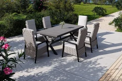 Hot Garten-Essgruppe, anthrazit/natur-grau, Alu/Keramik/Polyrattan, ausziehbare Tischplatte 200/260 x 100 cm, 6 Diningsessel Garten-Essgruppen
