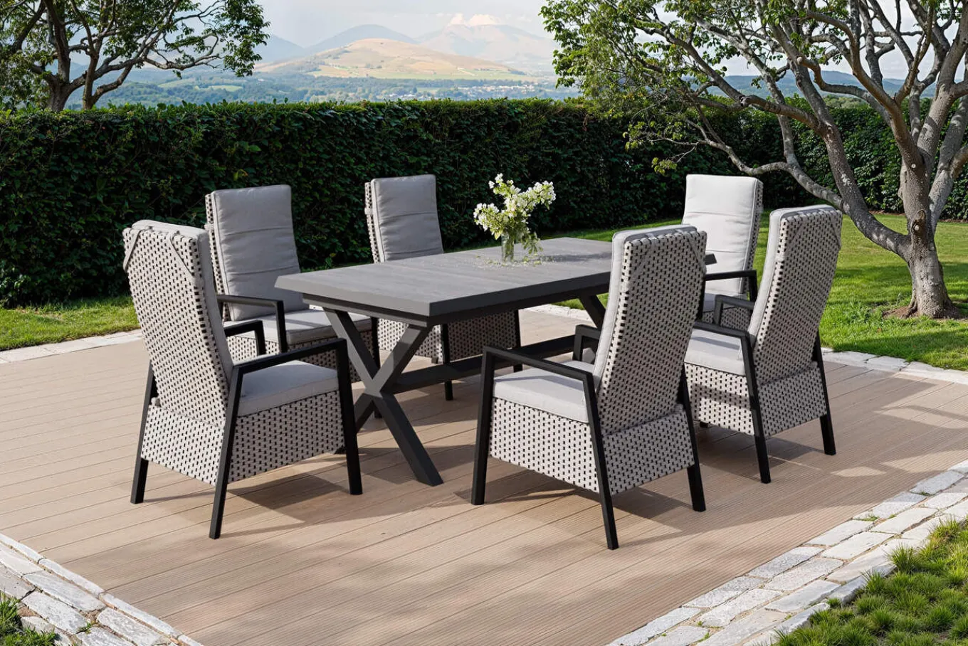 Hot Garten-Essgruppe, anthrazit/natur-grau, Alu/Keramik/Polyrattan, ausziehbare Tischplatte 200/260 x 100 cm, 6 Diningsessel Garten-Essgruppen