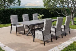 Hot Garten-Essgruppe, anthrazit/natur-grau, Alu/Keramik/Polyrattan, ausziehbare Tischplatte 200/260 x 100 cm, 6 Diningsessel Garten-Essgruppen