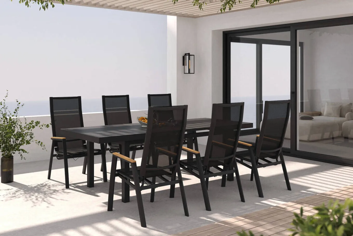 Garten-Essgruppe, matt anthrazit/grau/Teak, Alu/Glas/Textil, 180/240 x 100 cm, ausziehbar Garten-Essgruppen