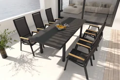 Garten-Essgruppe, matt anthrazit/grau/Teak, Alu/Glas/Textil, 180/240 x 100 cm, ausziehbar Garten-Essgruppen