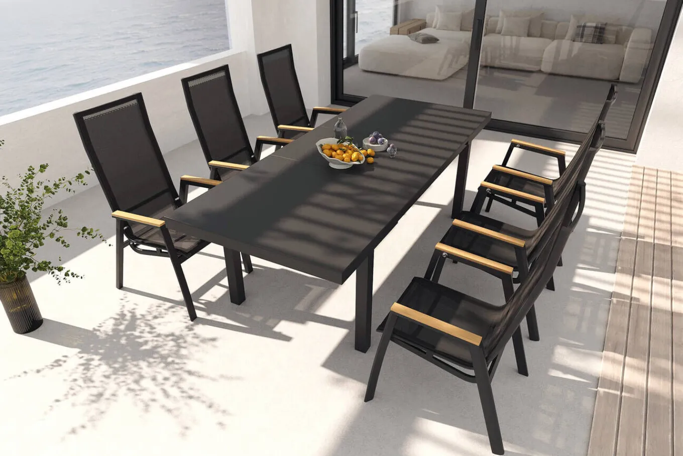 Garten-Essgruppe, matt anthrazit/grau/Teak, Alu/Glas/Textil, 180/240 x 100 cm, ausziehbar Garten-Essgruppen