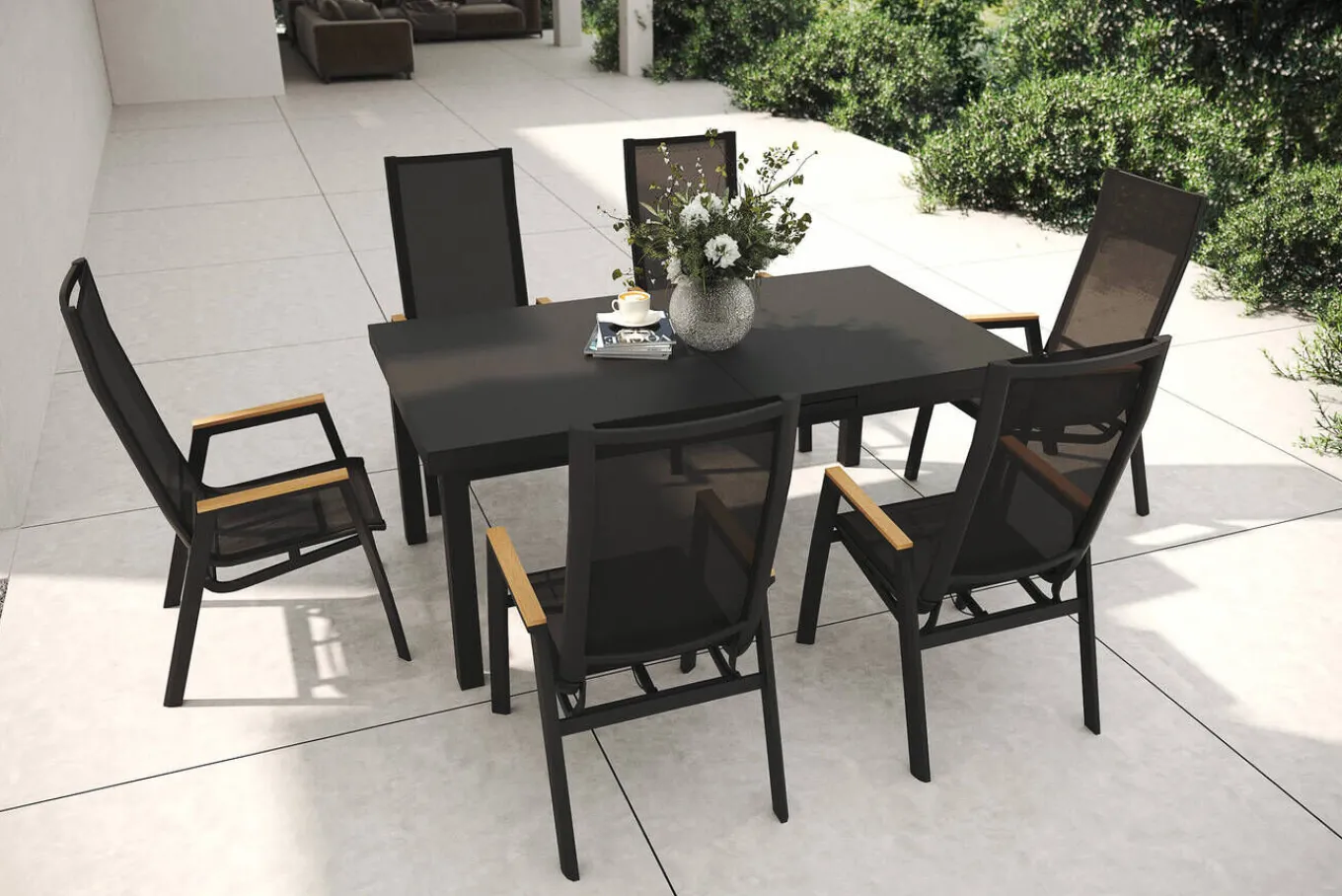 Garten-Essgruppe, matt anthrazit/grau/Teak, Alu/Glas/Textil, 180/240 x 100 cm, ausziehbar Garten-Essgruppen
