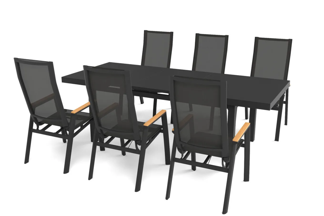 Garten-Essgruppe, matt anthrazit/grau/Teak, Alu/Glas/Textil, 180/240 x 100 cm, ausziehbar Garten-Essgruppen