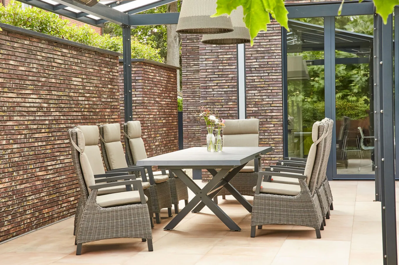 Outlet Messina/Corido Garten-Essgruppe, anthrazit/grau, Alu/Gardino®-Geflecht/Keramik, 200-260 x 100 cm, inkl. 8 Diningsessel Garten-Essgruppen