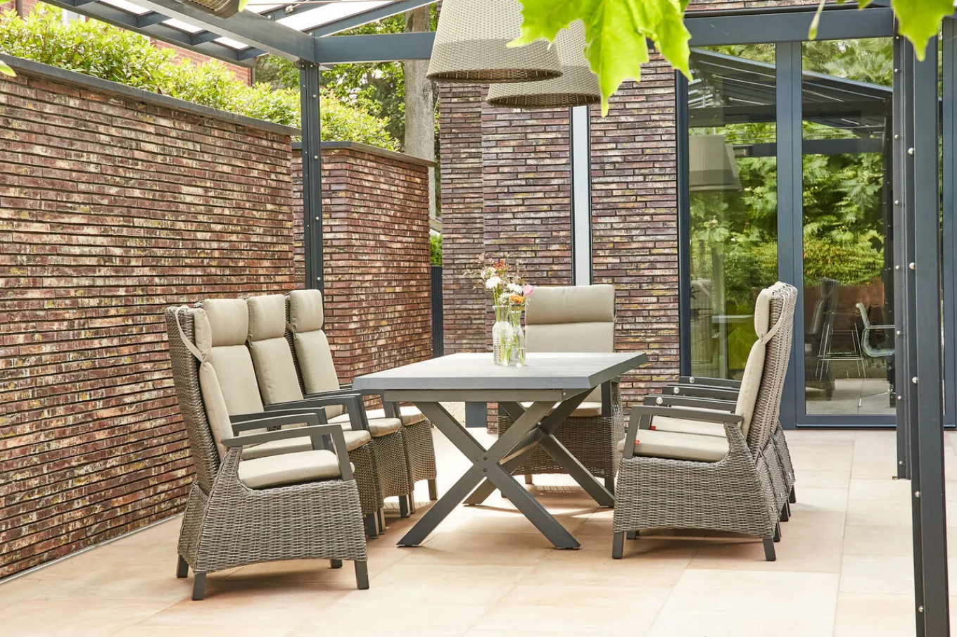 Outlet Messina/Corido Garten-Essgruppe, anthrazit/grau, Alu/Gardino®-Geflecht/Keramik, 200-260 x 100 cm, inkl. 8 Diningsessel Garten-Essgruppen
