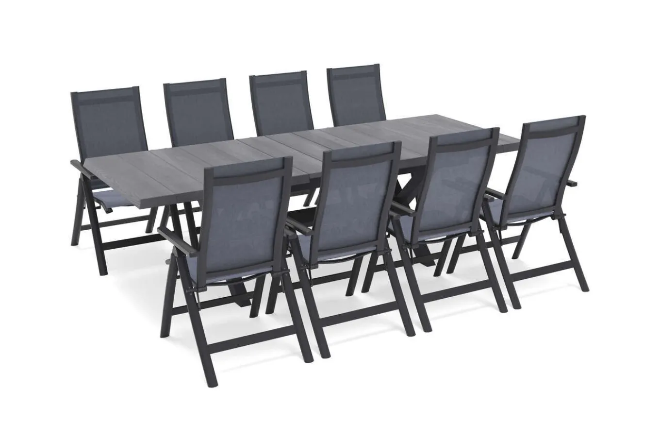 New Messina Garten-Essgruppe mit 8 Klappstühlen, anthrazit/grau, Alu/Textilene, Ausziehbarer Tisch mit Keramikplatte 200/260 x 100 cm Garten-Essgruppen|Aluminium-Gartenmöbel