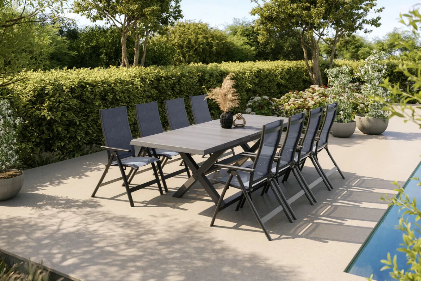 New Messina Garten-Essgruppe mit 8 Klappstühlen, anthrazit/grau, Alu/Textilene, Ausziehbarer Tisch mit Keramikplatte 200/260 x 100 cm Garten-Essgruppen|Aluminium-Gartenmöbel