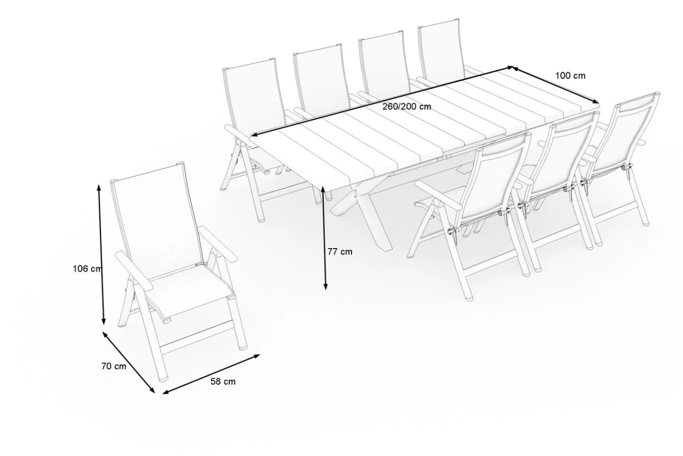 New Messina Garten-Essgruppe mit 8 Klappstühlen, anthrazit/grau, Alu/Textilene, Ausziehbarer Tisch mit Keramikplatte 200/260 x 100 cm Garten-Essgruppen|Aluminium-Gartenmöbel