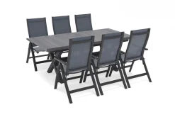 Outlet Messina Garten-Essgruppe mit 6 Klappstühlen, anthrazit/grau, Alu/Textilene, Ausziehtisch mit Keramikplatte 200/260 x 100 cm Garten-Essgruppen|Aluminium-Gartenmöbel