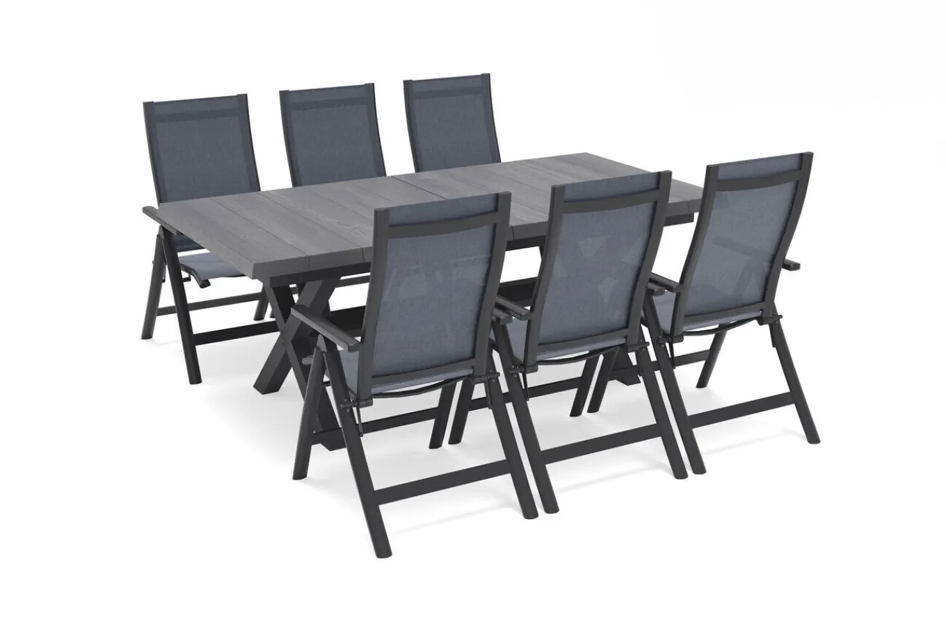 Outlet Messina Garten-Essgruppe mit 6 Klappstühlen, anthrazit/grau, Alu/Textilene, Ausziehtisch mit Keramikplatte 200/260 x 100 cm Garten-Essgruppen|Aluminium-Gartenmöbel
