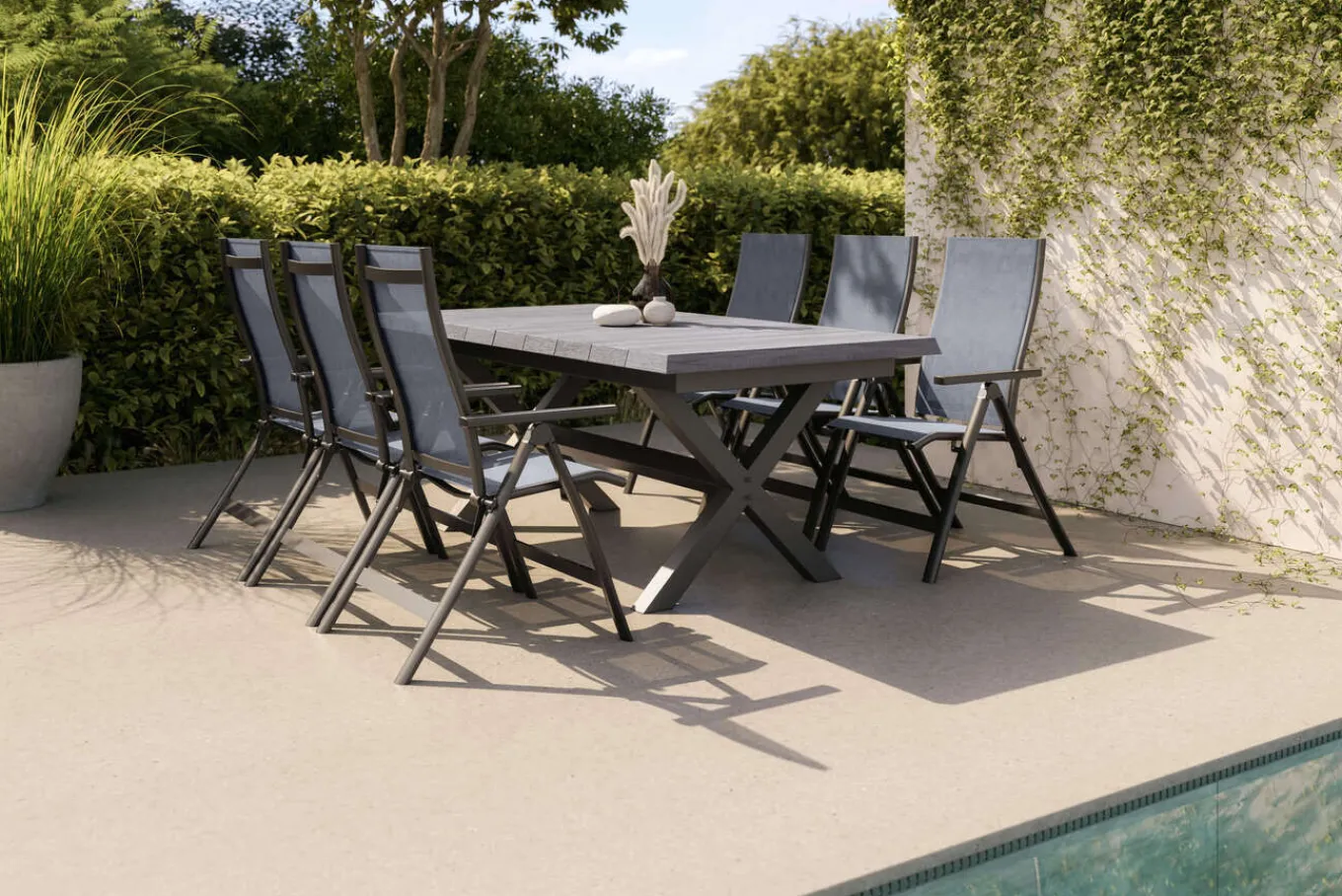 Outlet Messina Garten-Essgruppe mit 6 Klappstühlen, anthrazit/grau, Alu/Textilene, Ausziehtisch mit Keramikplatte 200/260 x 100 cm Garten-Essgruppen|Aluminium-Gartenmöbel