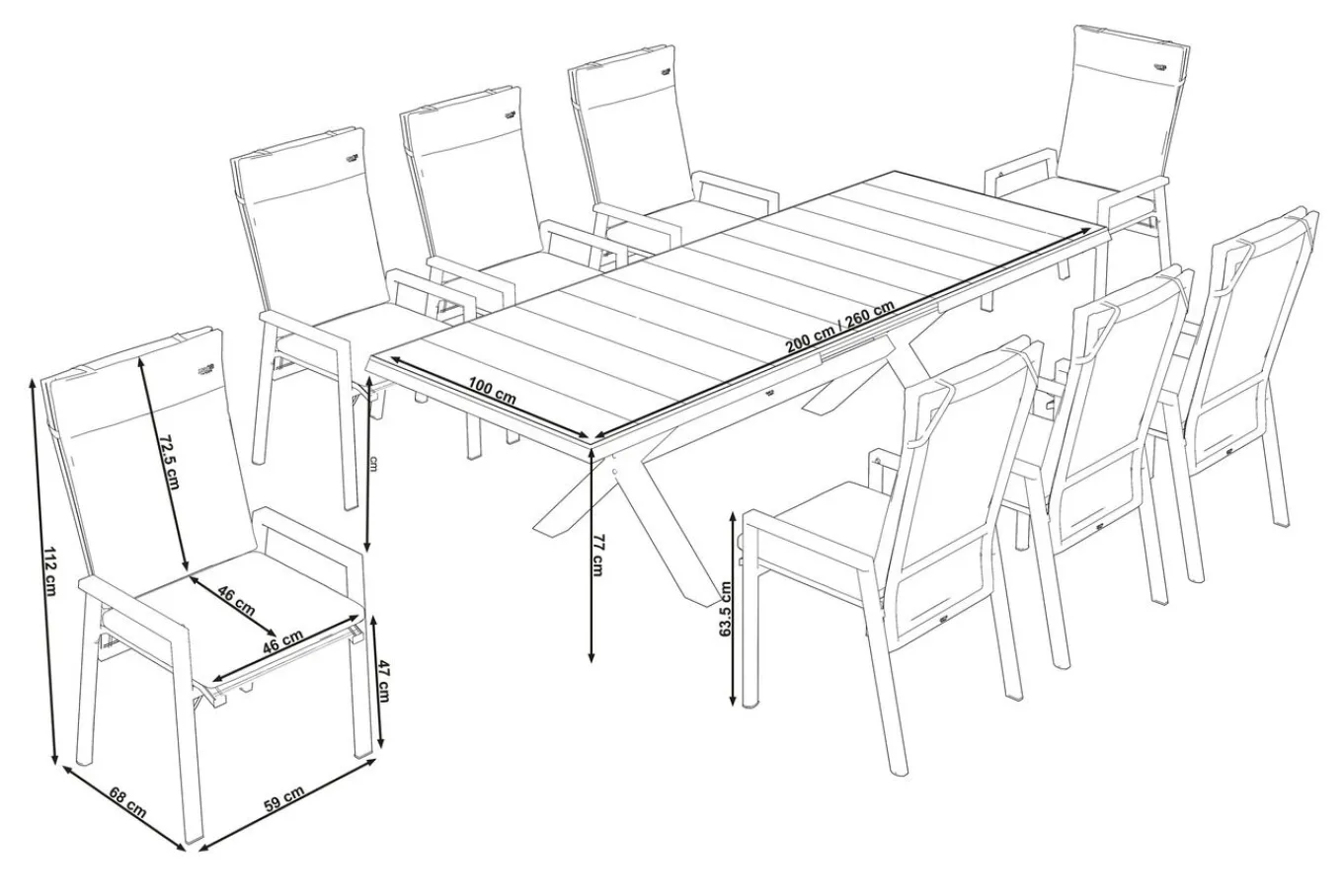 Online Messina/Velia Garten-Essgruppe, anthrazit/grau, Alu/Textilgewebe/Keramik, 200-260x100 cm, inkl. 8 Diningsessel, stufenlos verstellbar Garten-Essgruppen