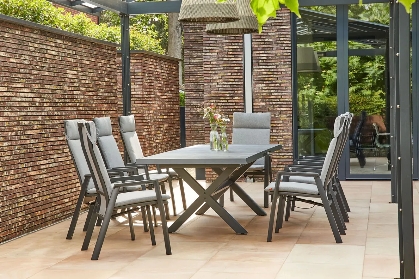 Online Messina/Velia Garten-Essgruppe, anthrazit/grau, Alu/Textilgewebe/Keramik, 200-260x100 cm, inkl. 8 Diningsessel, stufenlos verstellbar Garten-Essgruppen