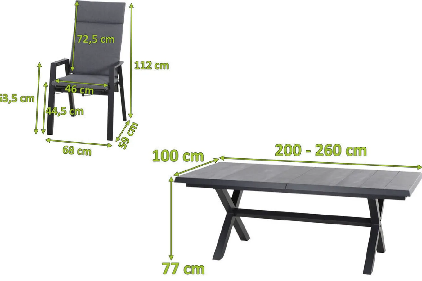 Outlet Messina/Velia Garten-Essgruppe, anthrazit/grau, Alu/Textilgewebe/Keramik, 200-260x100 cm, inkl. 6 Diningsessel, stufenlos verstellbar Garten-Essgruppen