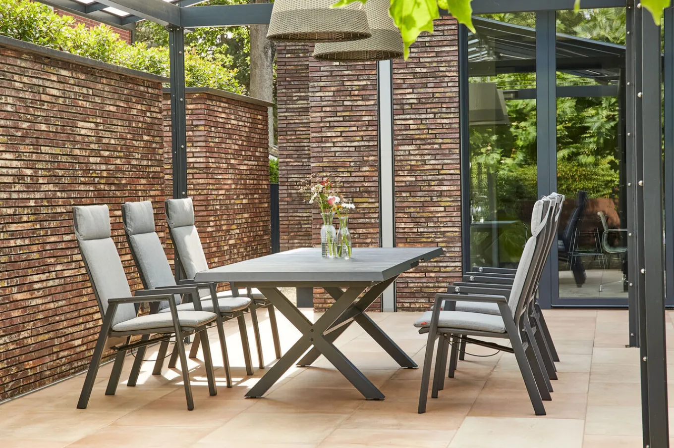 Outlet Messina/Velia Garten-Essgruppe, anthrazit/grau, Alu/Textilgewebe/Keramik, 200-260x100 cm, inkl. 6 Diningsessel, stufenlos verstellbar Garten-Essgruppen