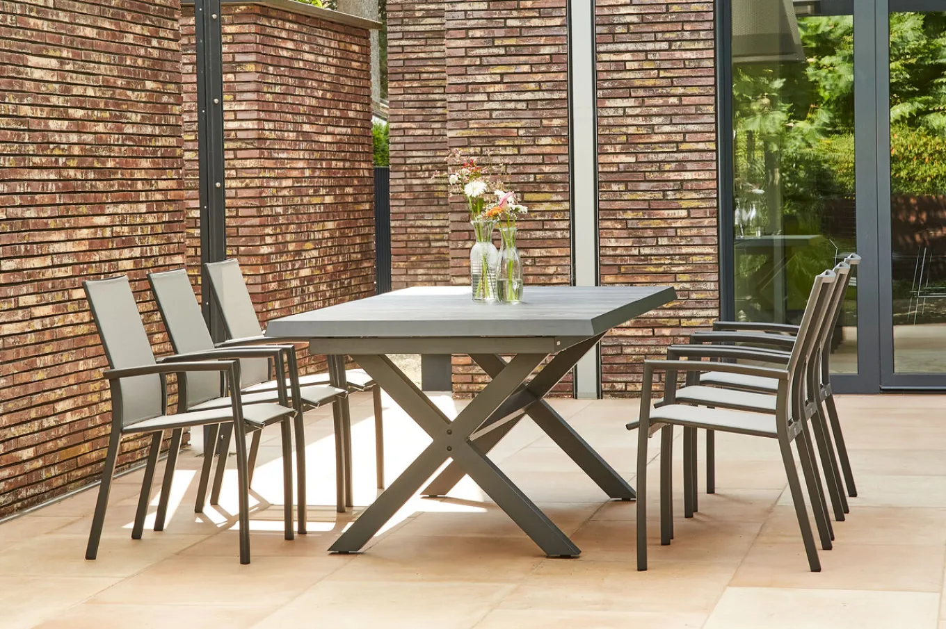 Online Messina/Velia Garten-Essgruppe, anthrazit/grau, Alu/Ranotex®-Gewebe/Keramik, 200-260 x 100 cm, inkl. 6 Diningsessel Garten-Essgruppen