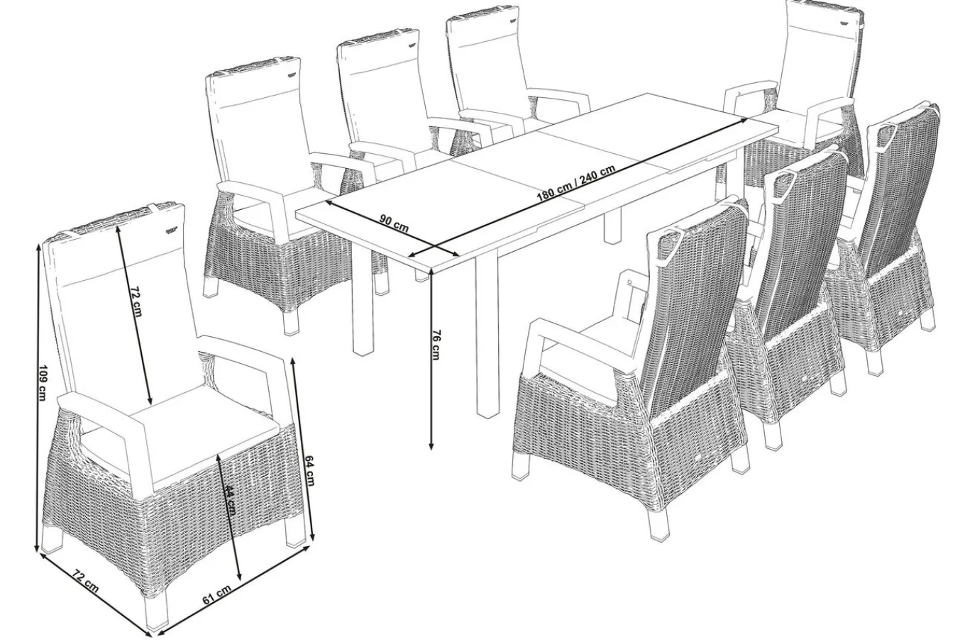 Sale Miros/Corido Garten-Essgruppe, anthrazit, Aluminium/Glas/Gardino®-Geflecht, Ausziehtisch 180/240x90 cm, 8 Sessel Aluminium-Gartenmöbel