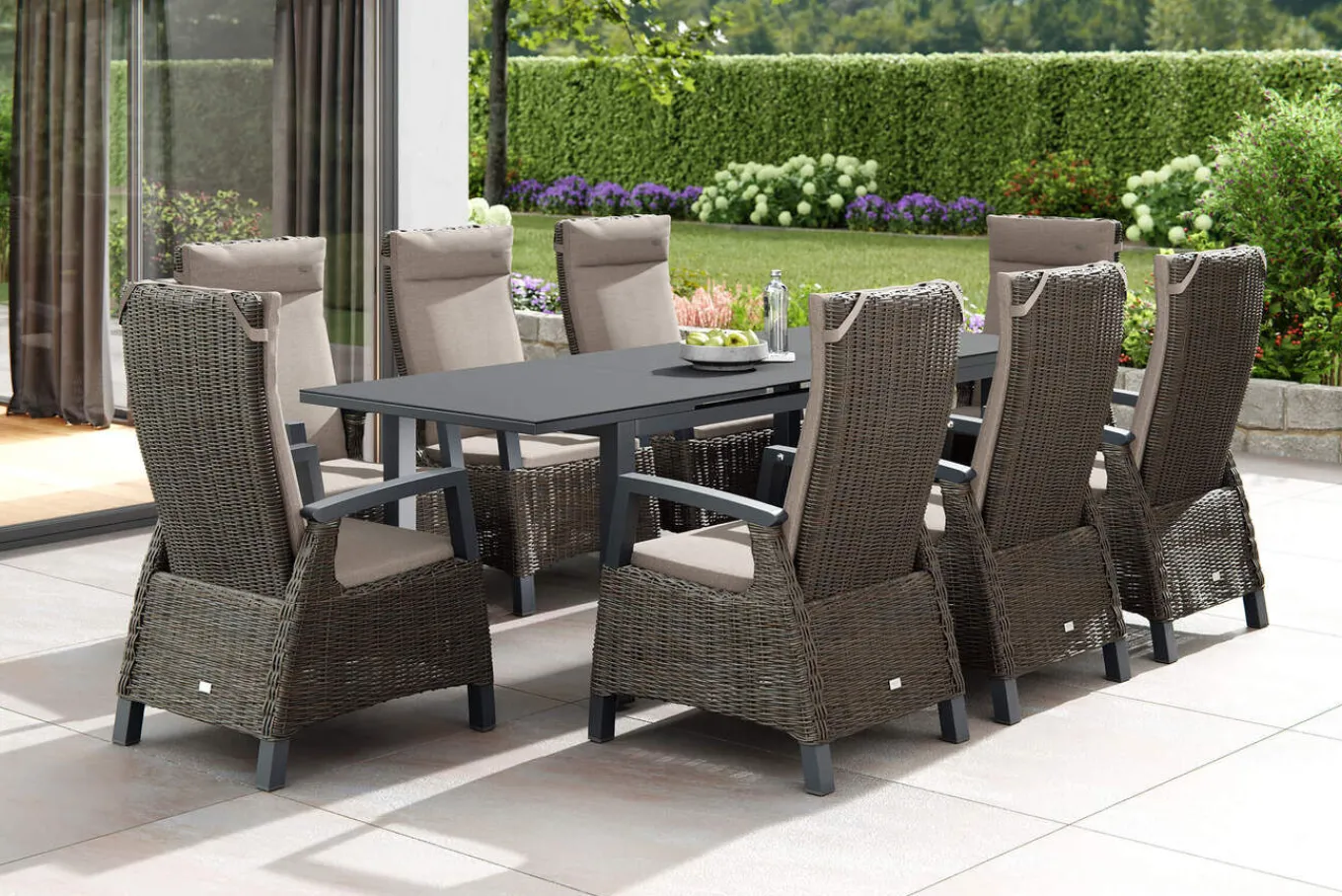 Sale Miros/Corido Garten-Essgruppe, anthrazit, Aluminium/Glas/Gardino®-Geflecht, Ausziehtisch 180/240x90 cm, 8 Sessel Aluminium-Gartenmöbel