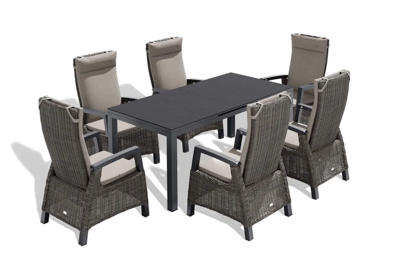 Best Miros/Corido Garten-Essgruppe, anthrazit/charcoal, Alu/Gardino®-Geflecht, Ausziehtisch 180/240x90 cm, 6 Sessel Garten-Essgruppen|Aluminium-Gartenmöbel