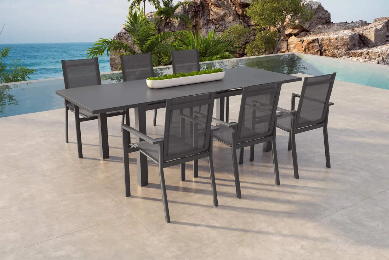 New Miros Garten-Essgruppe, anthrazit/dark concrete, Alu/Glas, Ausziehtisch 180/240cm, 6x Stapelsessel, Witterungsbeständig Garten-Essgruppen|Aluminium-Gartenmöbel