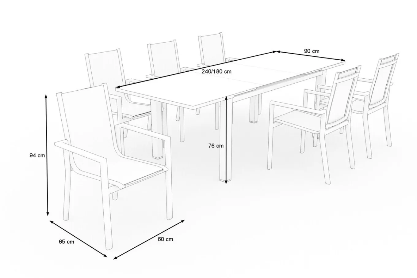 New Miros Garten-Essgruppe, anthrazit/dark concrete, Alu/Glas, Ausziehtisch 180/240cm, 6x Stapelsessel, Witterungsbeständig Garten-Essgruppen|Aluminium-Gartenmöbel