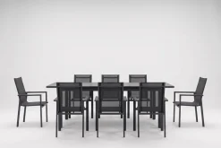 Hot Miros Garten-Essgruppe, anthrazit/Dark Concrete, Aluminium/Glas, Ausziehtisch 180/240x90 cm, 8x Stapelsessel, Robust Garten-Essgruppen