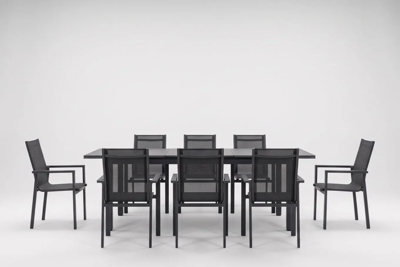 Hot Miros Garten-Essgruppe, anthrazit/Dark Concrete, Aluminium/Glas, Ausziehtisch 180/240x90 cm, 8x Stapelsessel, Robust Garten-Essgruppen