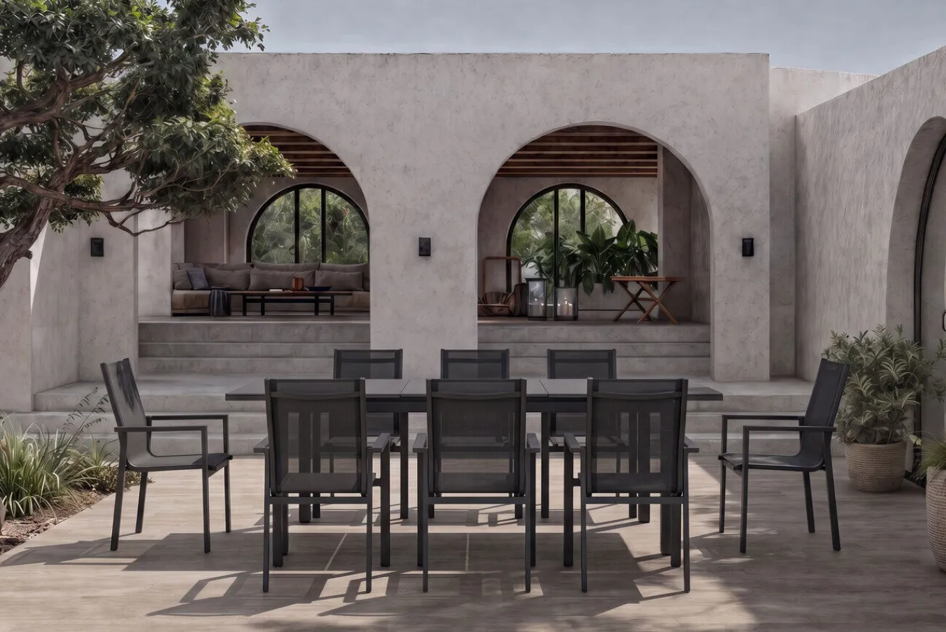 Hot Miros Garten-Essgruppe, anthrazit/Dark Concrete, Aluminium/Glas, Ausziehtisch 180/240x90 cm, 8x Stapelsessel, Robust Garten-Essgruppen