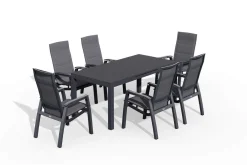 Clearance Miros/Milano Garten-Essgruppe, anthrazit, Alu/Ranotex-Gewebe, Ausziehtisch 180/240x90cm, 6 Stapelsessel Aluminium-Gartenmöbel