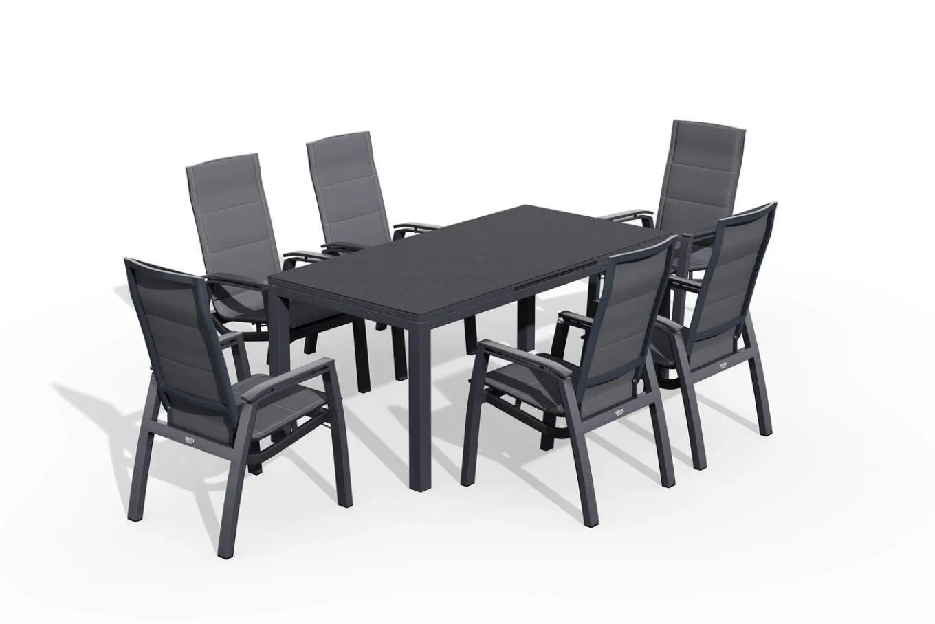 Clearance Miros/Milano Garten-Essgruppe, anthrazit, Alu/Ranotex-Gewebe, Ausziehtisch 180/240x90cm, 6 Stapelsessel Aluminium-Gartenmöbel