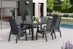 Clearance Miros/Milano Garten-Essgruppe, anthrazit, Alu/Ranotex-Gewebe, Ausziehtisch 180/240x90cm, 6 Stapelsessel Aluminium-Gartenmöbel