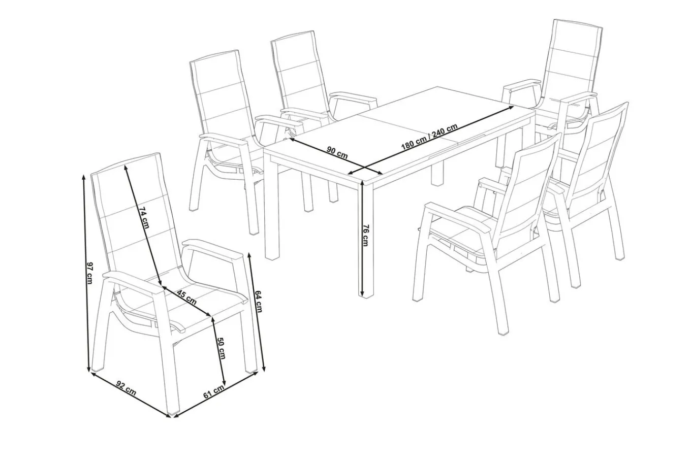 Clearance Miros/Milano Garten-Essgruppe, anthrazit, Alu/Ranotex-Gewebe, Ausziehtisch 180/240x90cm, 6 Stapelsessel Aluminium-Gartenmöbel