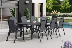 Outlet Miros/Milano Garten-Essgruppe, Anthrazit, Alu/Ranotex-Gewebe, Ausziehtisch 180/240 x 90 cm, 8 Stapelsessel Aluminium-Gartenmöbel