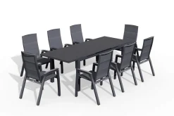 Outlet Miros/Milano Garten-Essgruppe, Anthrazit, Alu/Ranotex-Gewebe, Ausziehtisch 180/240 x 90 cm, 8 Stapelsessel Aluminium-Gartenmöbel