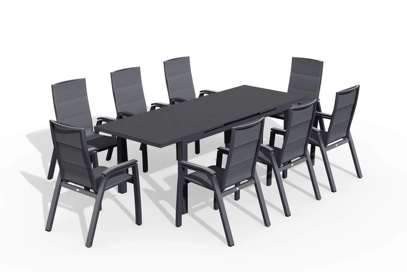 Outlet Miros/Milano Garten-Essgruppe, Anthrazit, Alu/Ranotex-Gewebe, Ausziehtisch 180/240 x 90 cm, 8 Stapelsessel Aluminium-Gartenmöbel