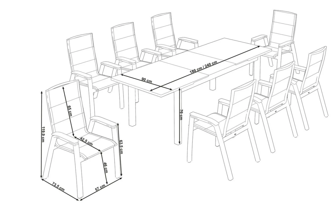 Outlet Miros/Milano Garten-Essgruppe, Anthrazit, Alu/Ranotex-Gewebe, Ausziehtisch 180/240 x 90 cm, 8 Stapelsessel Aluminium-Gartenmöbel