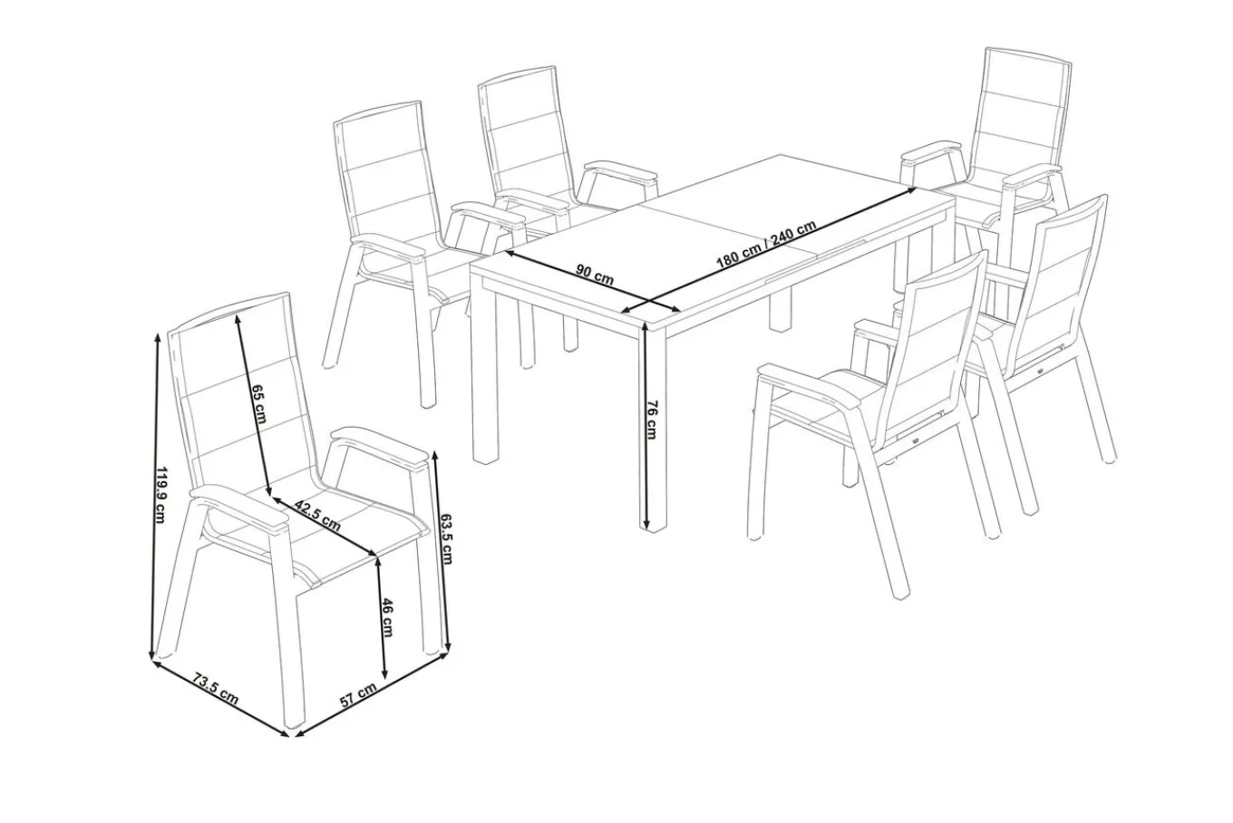 New Miros/Milano Garten-Essgruppe, anthrazit, Alu/Ranotex-Gewebe, Ausziehtisch 180/240 x 90 cm, 6 Sessel Garten-Essgruppen