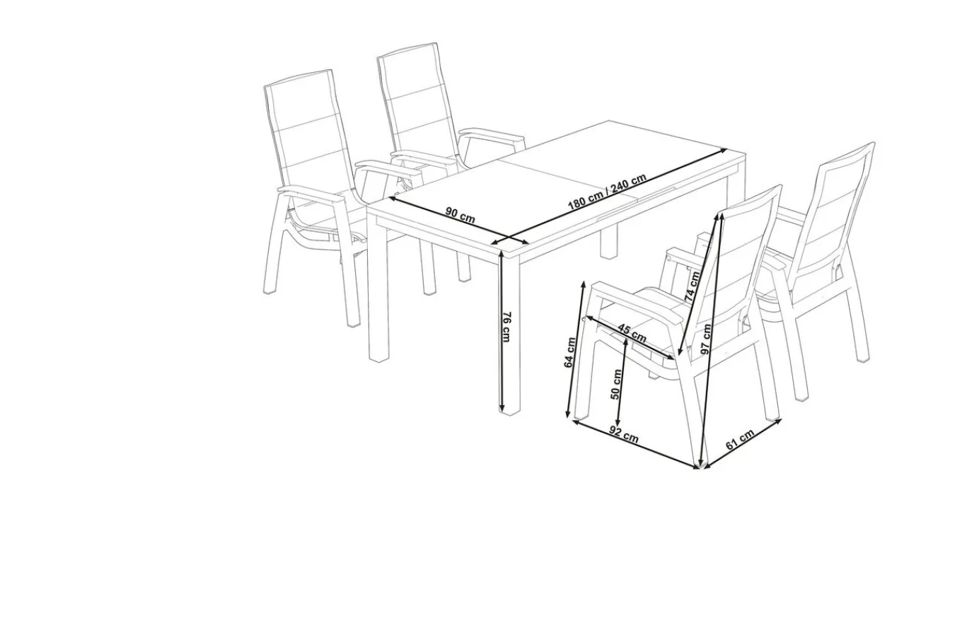 Outlet Miros/Milano Garten-Essgruppe, anthrazit, Alu/Ranotex-Gewebe, Ausziehtisch 180/240x90 cm, 4 Stapelsessel Garten-Essgruppen|Aluminium-Gartenmöbel