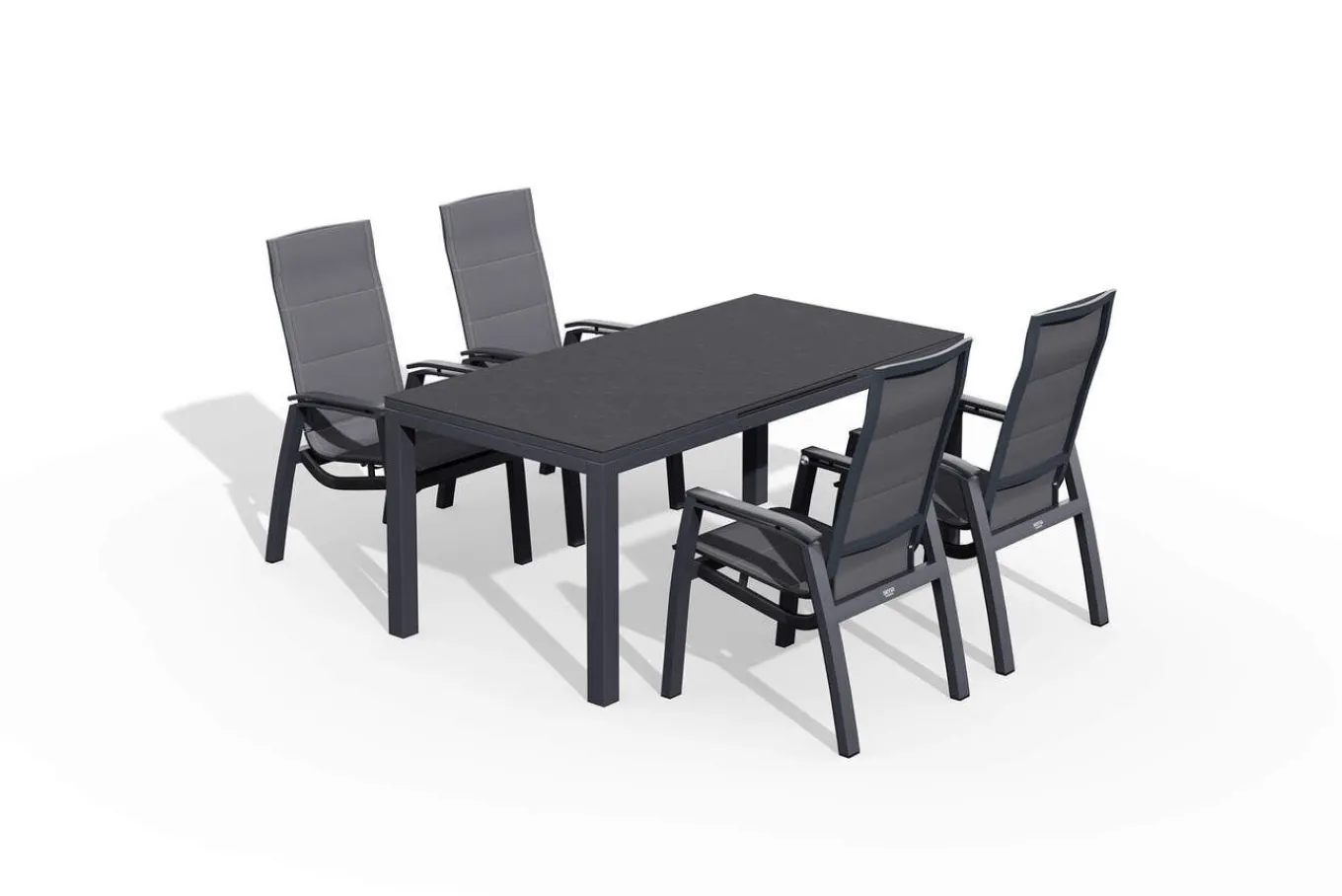 Outlet Miros/Milano Garten-Essgruppe, anthrazit, Alu/Ranotex-Gewebe, Ausziehtisch 180/240x90 cm, 4 Stapelsessel Garten-Essgruppen|Aluminium-Gartenmöbel