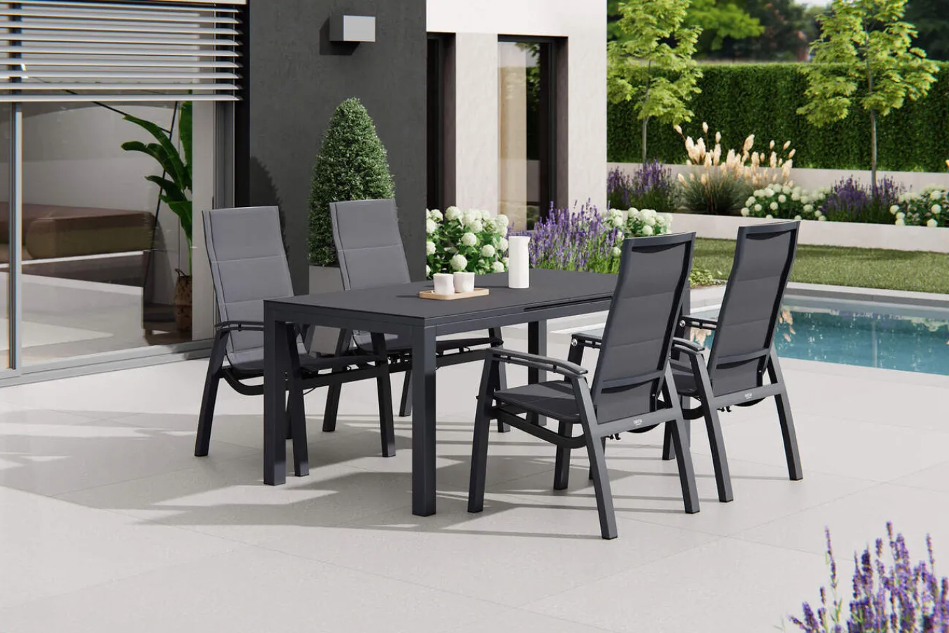 Outlet Miros/Milano Garten-Essgruppe, anthrazit, Alu/Ranotex-Gewebe, Ausziehtisch 180/240x90 cm, 4 Stapelsessel Garten-Essgruppen|Aluminium-Gartenmöbel