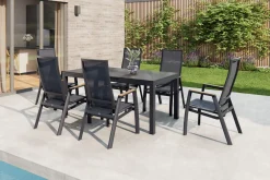Outlet Miros/Rondo Garten-Essgruppe, anthrazit, Alu/Ranotex-Gewebe, Ausziehtisch 180/240 x 90 cm, 6 Stapelsessel Garten-Essgruppen|Aluminium-Gartenmöbel