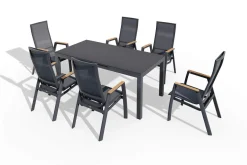 Outlet Miros/Rondo Garten-Essgruppe, anthrazit, Alu/Ranotex-Gewebe, Ausziehtisch 180/240 x 90 cm, 6 Stapelsessel Garten-Essgruppen|Aluminium-Gartenmöbel