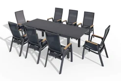 New Miros/Rondo Garten-Essgruppe, anthrazit, Alu/Ranotex-Gewebe, Ausziehtisch 180/240 x 90 cm, 8 Stapelsessel Garten-Essgruppen|Aluminium-Gartenmöbel
