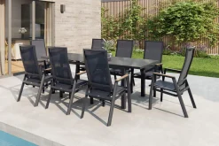 New Miros/Rondo Garten-Essgruppe, anthrazit, Alu/Ranotex-Gewebe, Ausziehtisch 180/240 x 90 cm, 8 Stapelsessel Garten-Essgruppen|Aluminium-Gartenmöbel