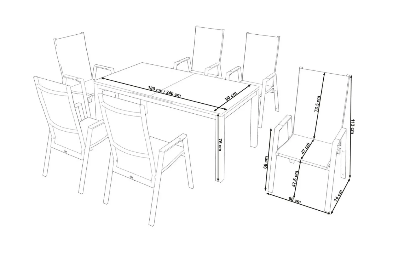 Sale Miros/Savona Move Garten-Essgruppe, Anthrazit, Alu/Textilene, Ausziehtisch 180/240x90 cm, 6 Stapelsessel Garten-Essgruppen|Aluminium-Gartenmöbel