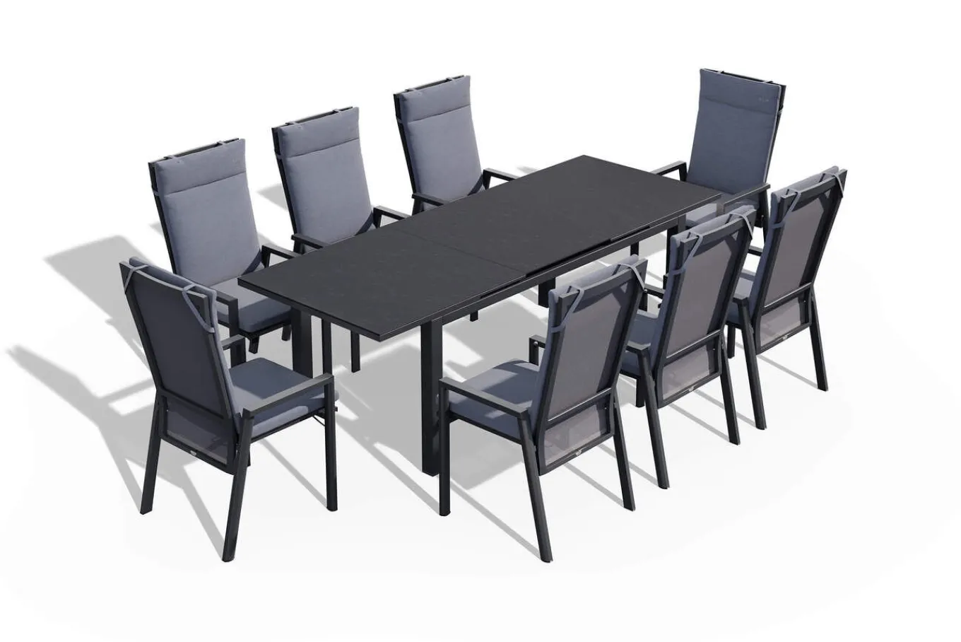 Miros/Valencia Garten-Essgruppe, anthrazit/grau, Aluminium/Glas, Ausziehtisch 180/240x90cm, 8 Sessel Garten-Essgruppen|Aluminium-Gartenmöbel