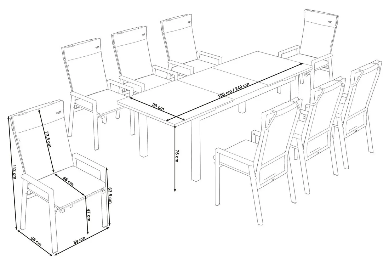 Miros/Valencia Garten-Essgruppe, anthrazit/grau, Aluminium/Glas, Ausziehtisch 180/240x90cm, 8 Sessel Garten-Essgruppen|Aluminium-Gartenmöbel